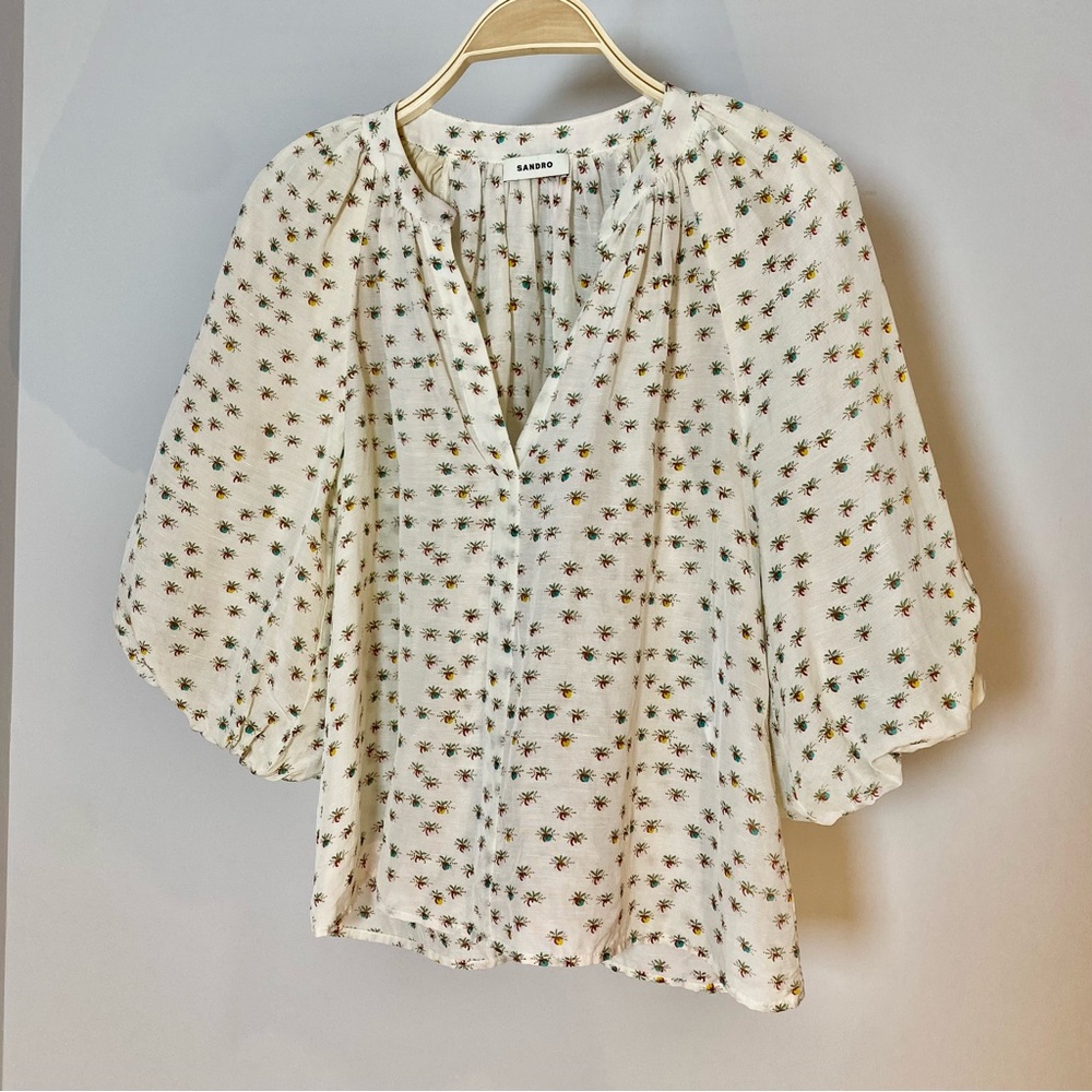 Sandro cream small pattern Peasant style Blouse